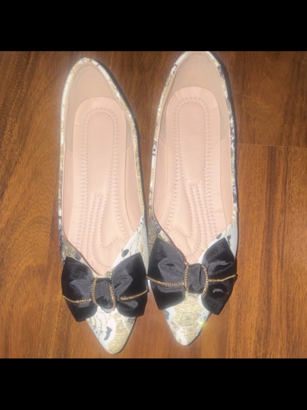 Pointed Toe Floral Ballet Flats with Black Bow